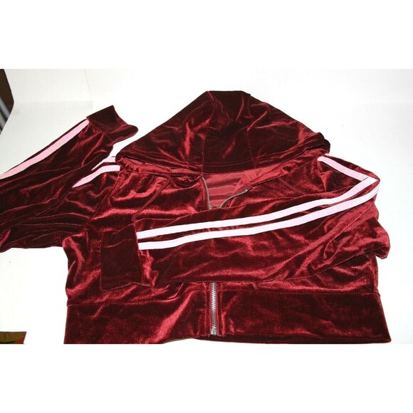 Rue 21 Women Crop Top Hoodie Jacket Red Velvet Velour Stripe on Sleeve Size XS - Picture 3 of 4